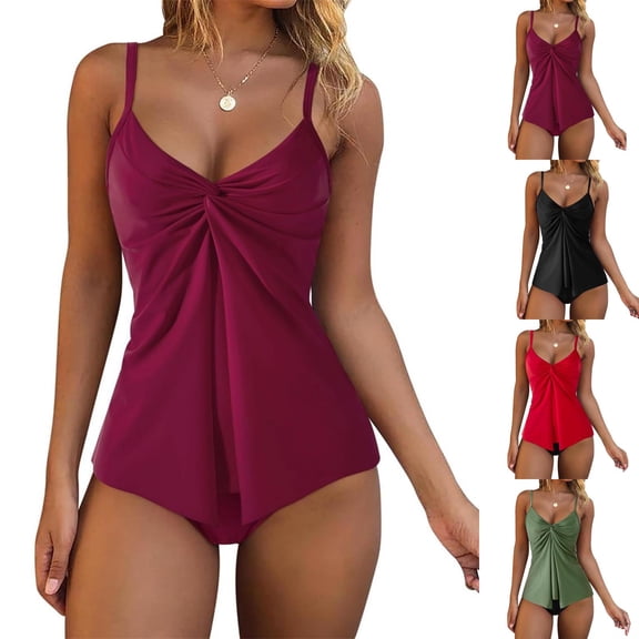 Womens Tankini Push Up Tummy Control Swimsuit Knot Front Bathing Suit Wine XL
