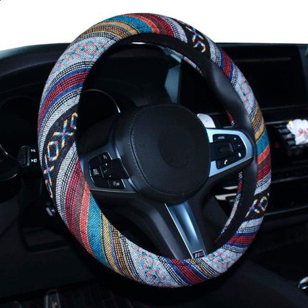 Boho Steering Wheel Cover, Steering Wheel Cover Women, 15 inch Hippie Style Protector Covers with Breathable,Anti-Slip,Sweat Absorb, Ethnic Flax Cloth Car Accessories for SUV Van Truck (D)