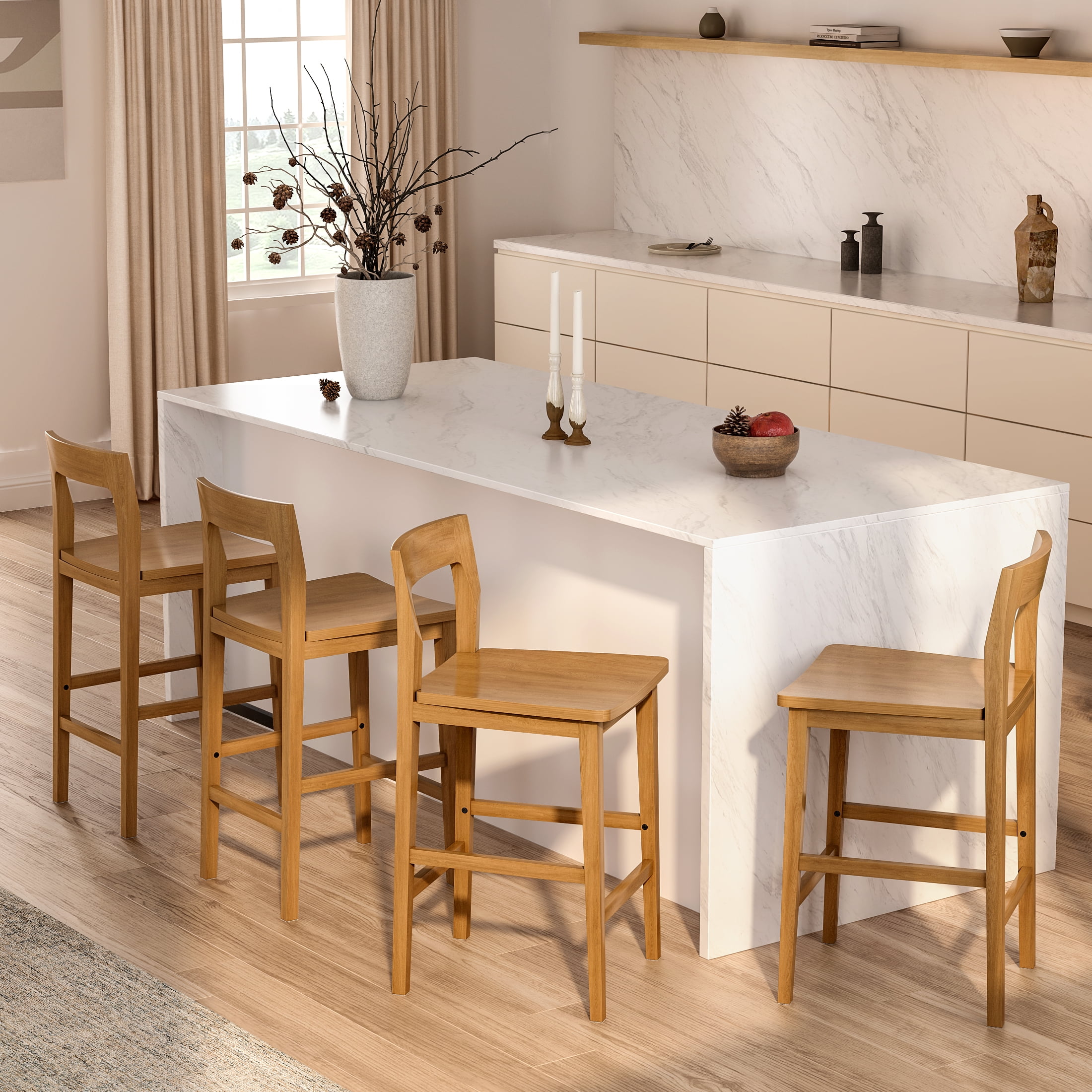 EYYTHUNG Mid-Century Wood Bar Stools Set of 2, Brown Counter Height Chairs, Dark Natural Oak