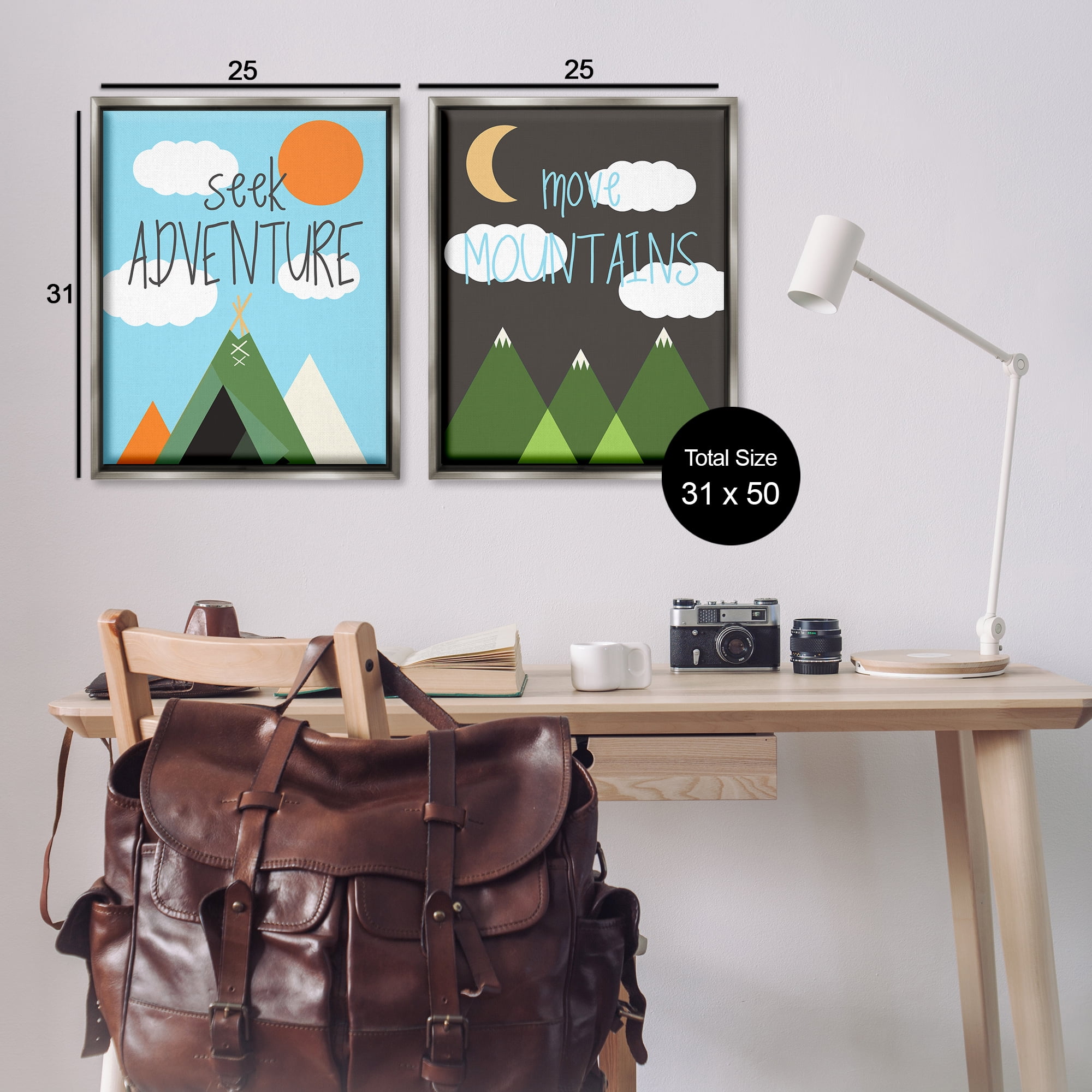 Stupell Industries Seek Adventure Move Mountains Text & Numbers Painting Gray Floater Framed Canvas Art Print Wall Art, 31 x 25, Set of 2