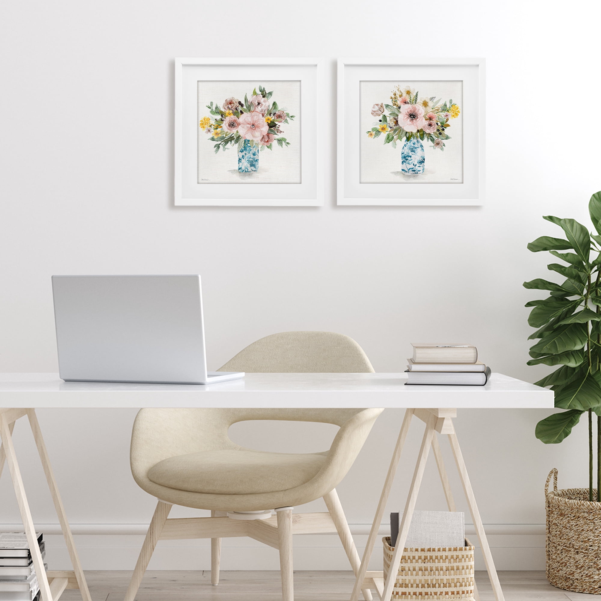 Stupell Industries Summer Chinoiserie Flowers 2 Piece White Framed Print Under Glass Set, design by Carol Robinson