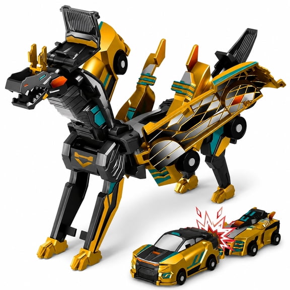 Magnetic Collision Transforming Dinosaur Car Toy Set, 2 Cars Combine into Winged Dino, No Battery, ABS Kids Toy, Ages 3 , Golden Dragon