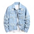thumbnail image 4 of Men's Ripped Denim Trucker Jacket, Button Front Casual Jean Coat with Patch Long Sleeve Outerwear for Street Work Travel Daily, 4 of 8