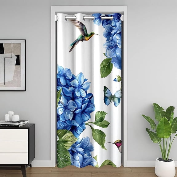 Hydrangea Door Curtain For Doorway Privacy 52"W X 80"L,Blue Floral Blackout Curtain For Adult Teens,Hummingbird Door Drape,Colorful Butterfly Closet Curtain Temporary Door,Darkening
