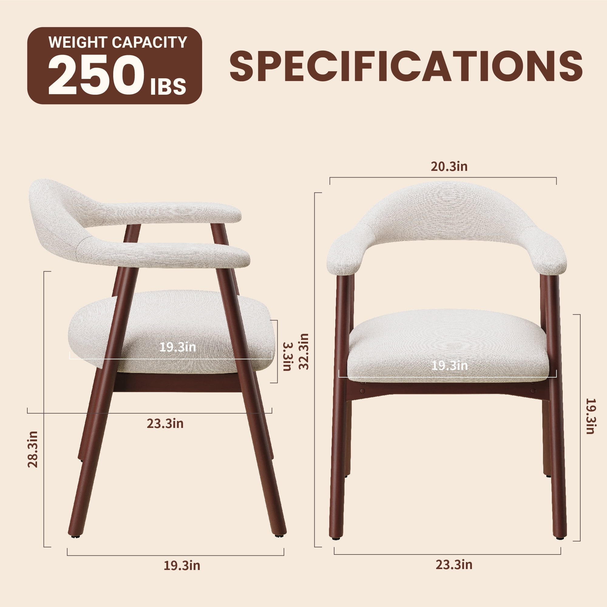 AFO Upholstered Dining Chairs Set of 2, Mid-Century Modern Fabric Kitchen Arm Chairs with Rubberwood Frame, Beige