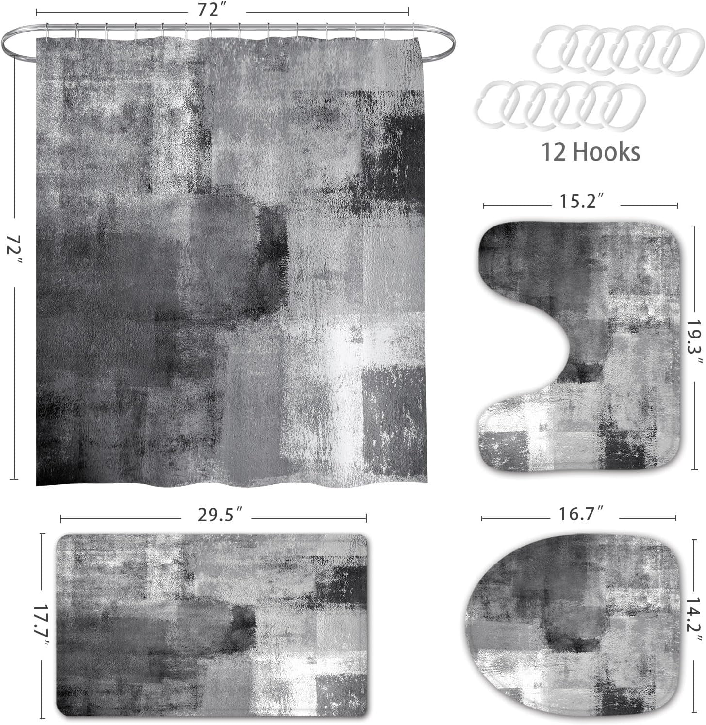 4 Pcs Grey Bathroom Sets with Shower Curtain and Rugs, Abstract Shower Curtain Sets with Rugs for Chic Bathroom Decor,  Grunge Bathroom Decor Curtain Sets with Mats and Accessories