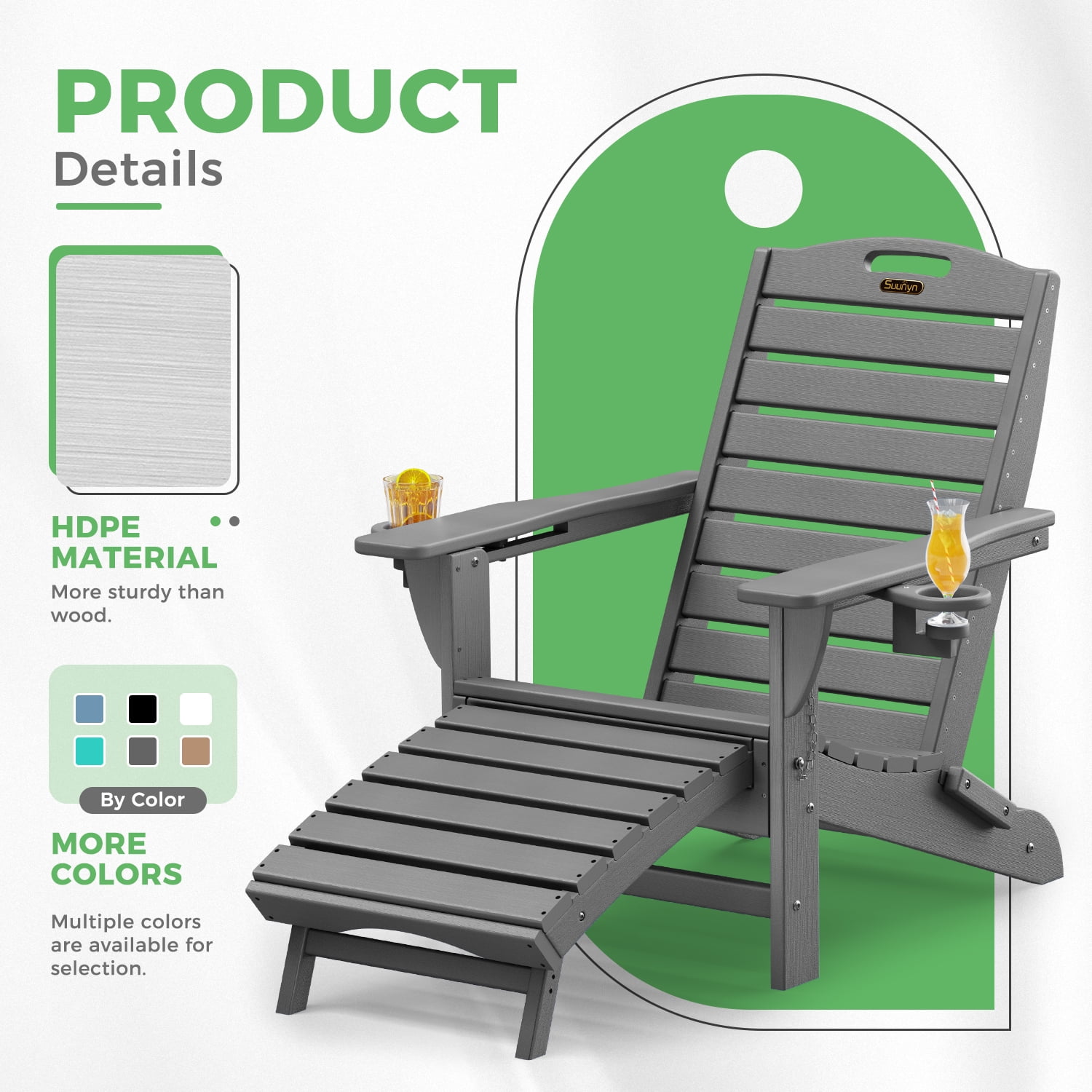 Folding Adirondack Chair with Ottoman Set of 2 HDPE Outdoor Chair Pull Out Footrest with 2 Cup Holders Garden Lawn Grey