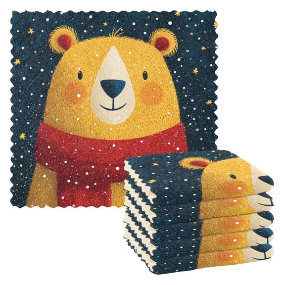 6 Pieces of Kitchen Towels 11x11Inch Kitchen Dish Cloths Kitchen Dish Towels Reuseable Cleaning Cloths Christmas Yellow Bear