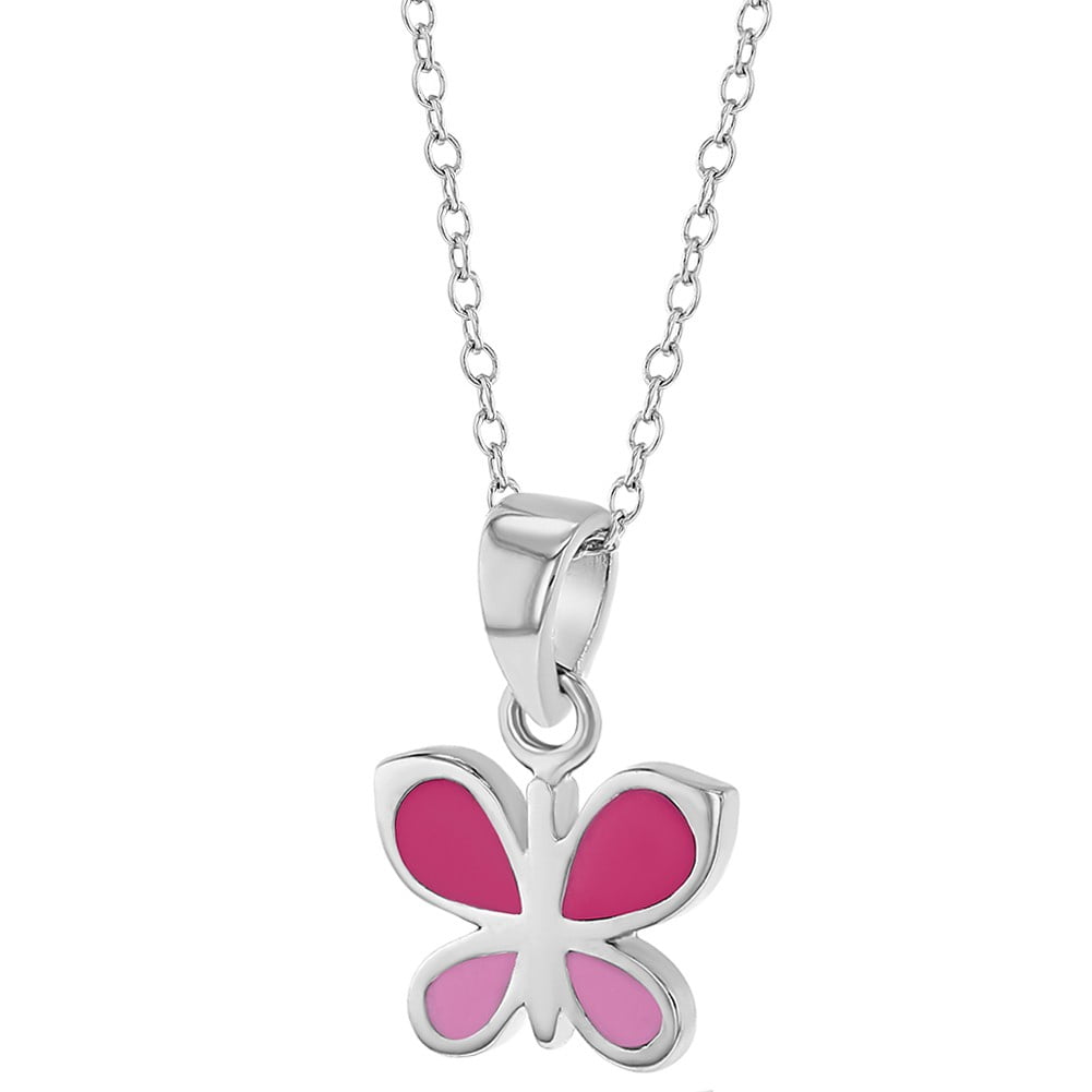925 Sterling Silver Pink Enamel Butterfly Necklace Pendant for Girls 16