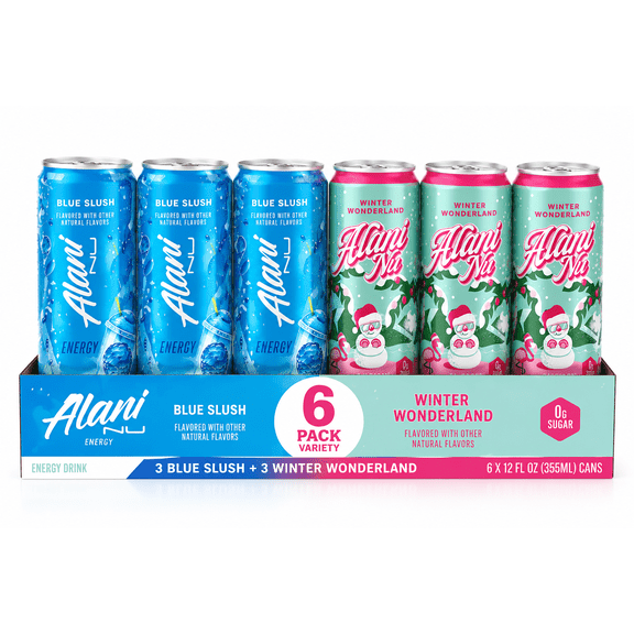 Alani Nu Energy Drink Variety Pack Blue Slush & Winter Wonderland Flavors, Zero Sugar, 100mg Caffeine, 12fl oz Cans, Pack of 6