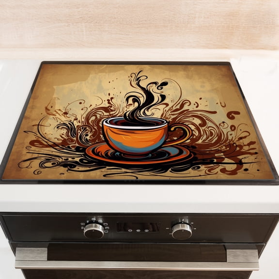 Stove Cover For Gas Stove, Retro Coffee Cup Decorative Glass Induction Cooktop Protector, Square Foldable Multifunctional Protector Mat for Kitchen RV (28×20 Inch)