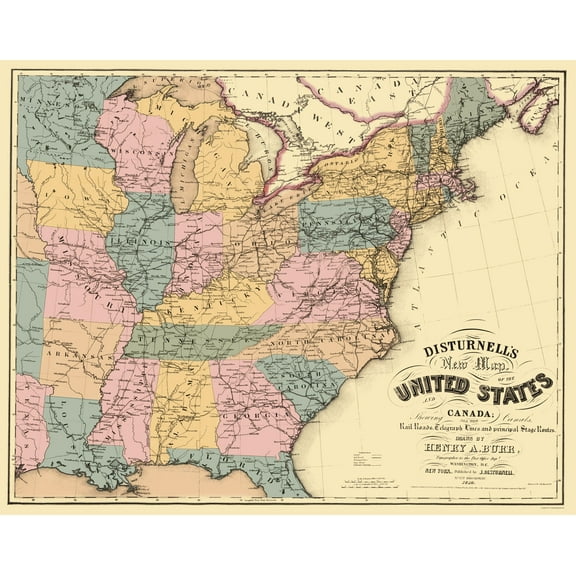 Railroad Map - United States Eastern Railroad Telegraph Stage - Disturnell 1850 - 23 x 29 - Vintage Wall Art