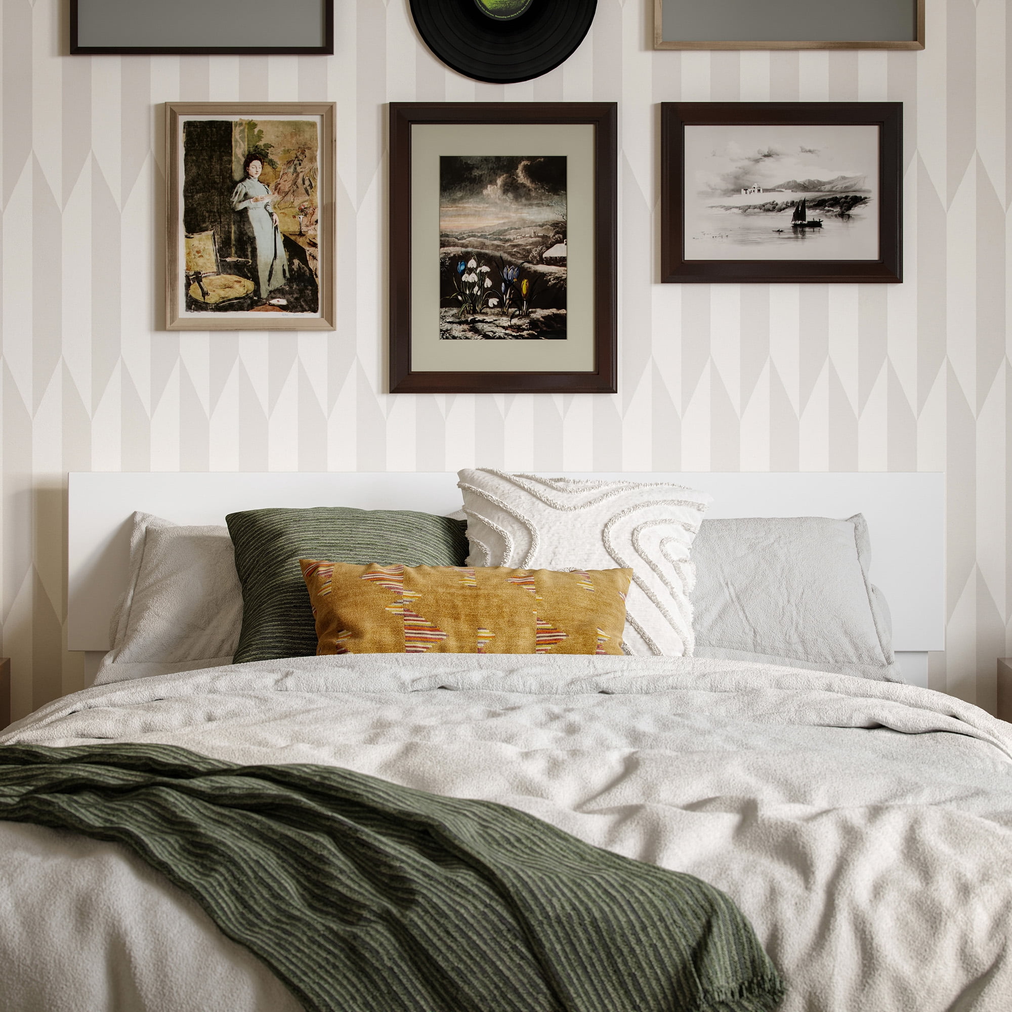 AFI Orlando Full Modern Solid Wood Panel Headboard with Attachable Charger, White
