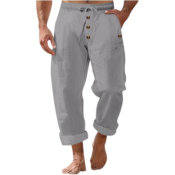 CHEEREAM Mens Linen Cropped Pants Yoga Beach Loose Fit Casual Summer Elastic Waist Drawstring Baggy Trousers with Pockets Gray XL