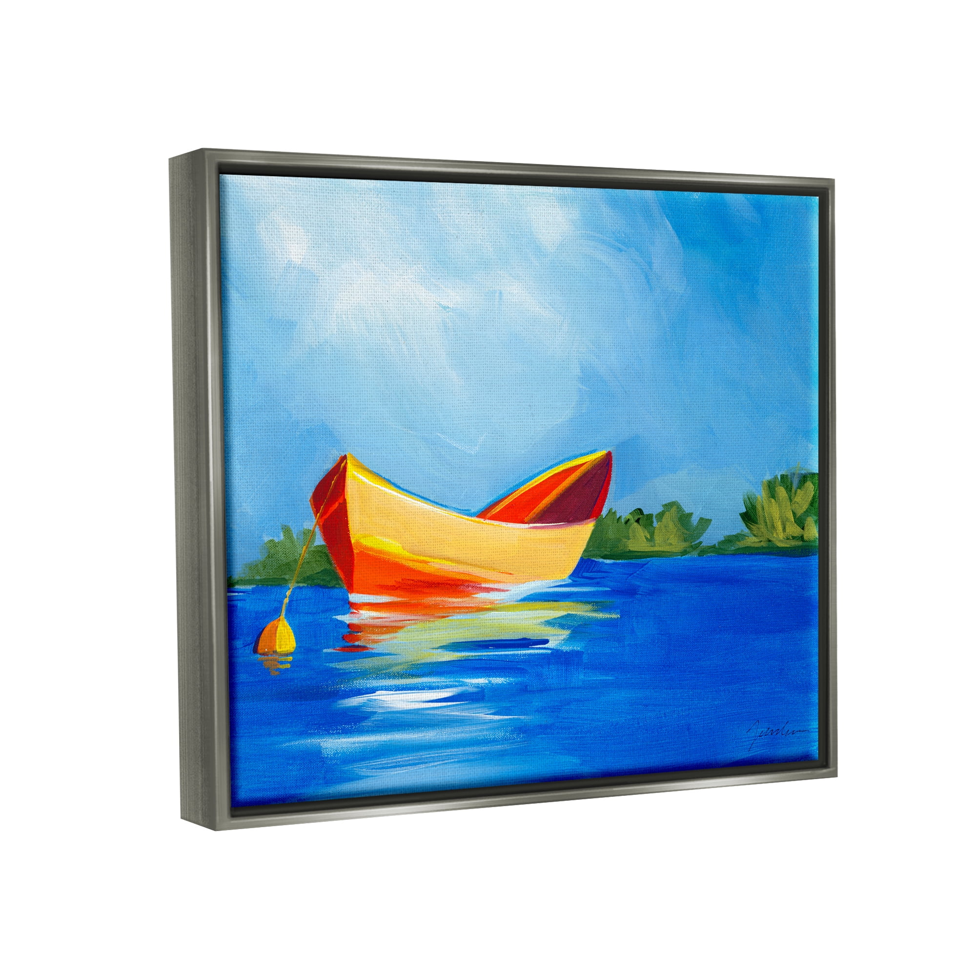 Stupell Industries Modern Boat on Lake Transportation Painting Gray Floater Framed Art Print Wall Art, 21 x 17
