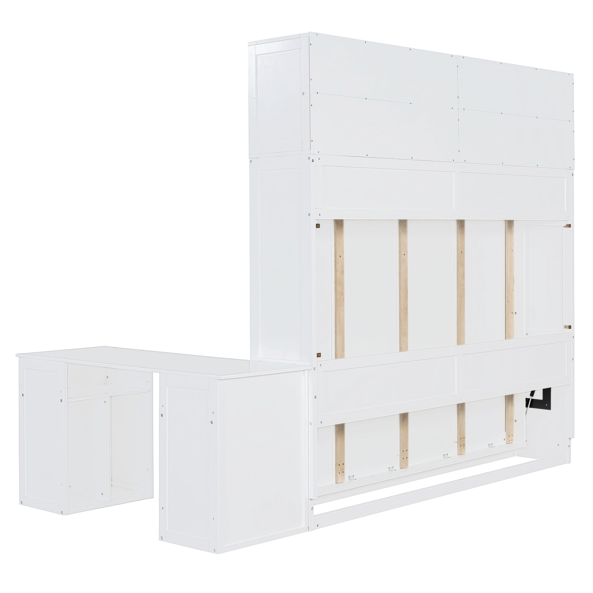 Mintazer Queen Size Murphy Wall Bed with Top Storage Cabinets & Movable Office Desk, Foldable Cabinet Bed for Guest Room Home Office, White