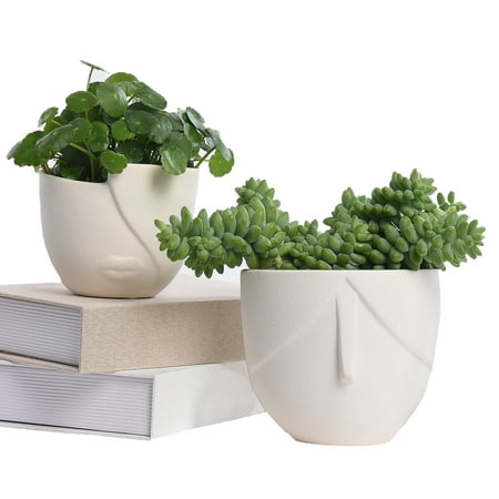 Succulent Pots Set of 2, Indoor/Garden Face Plant Pots with Drainage Hole, Ceramic White 5.4"W & 4.7"W