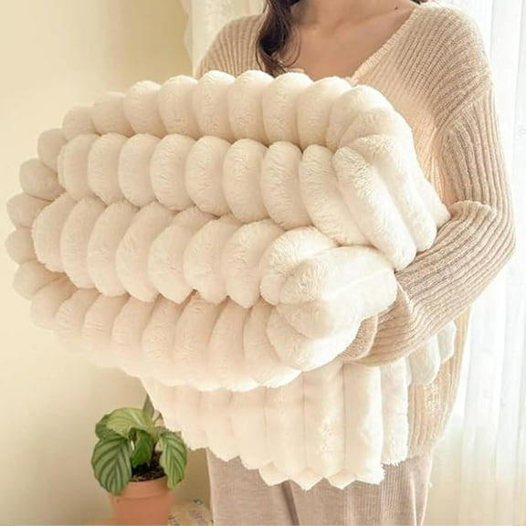 Thickened Rabbit Plush&Milk Velvet Cover Blanket, Faux Fur Throw Blanket for Couch, Fluffy Fuzzy Plush Bubbleblanket, Soft Warm Cozy Flurryblanket for Sofa Bedroom (Beige,78.74*90.55in)