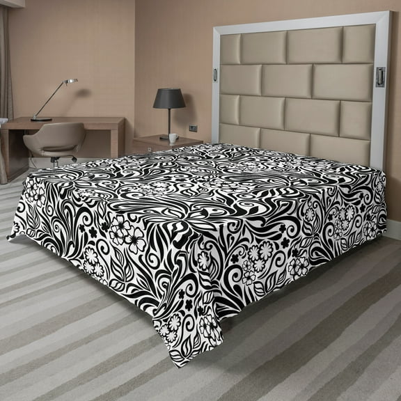 Ambesonne Black and White Flat Sheet, Western Floral, Queen Size, Black White