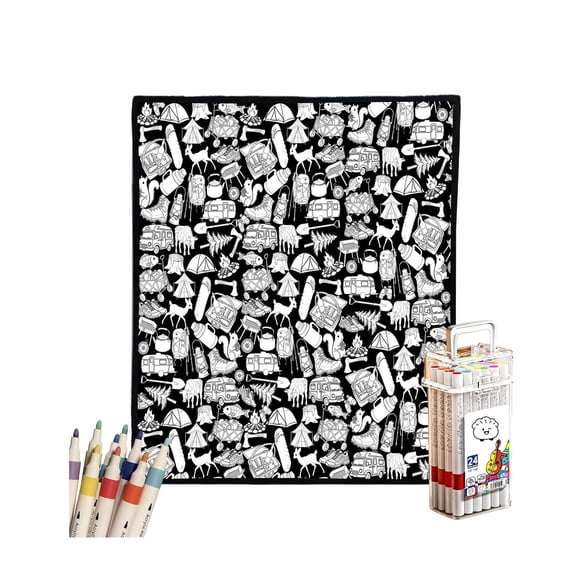 DIY Coloring Blanket for Adults, 47x59 Inch Velvet Fleece Throw with 24 Washable Markers, Reusable Washable Art Blanket for Home Decor, Family Activity Unique Gift