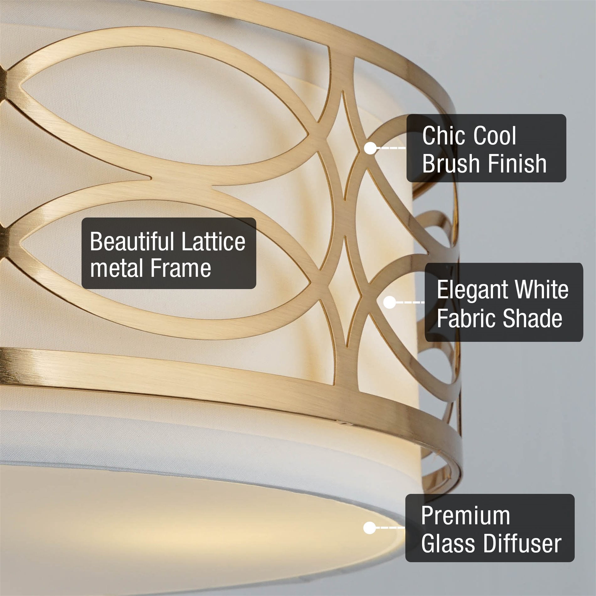 Kira Home Sienna 15" Lattice Drum Gold, Gold Ceiling Light, White Linen Shade, Glass Diffuser, Cool Brass