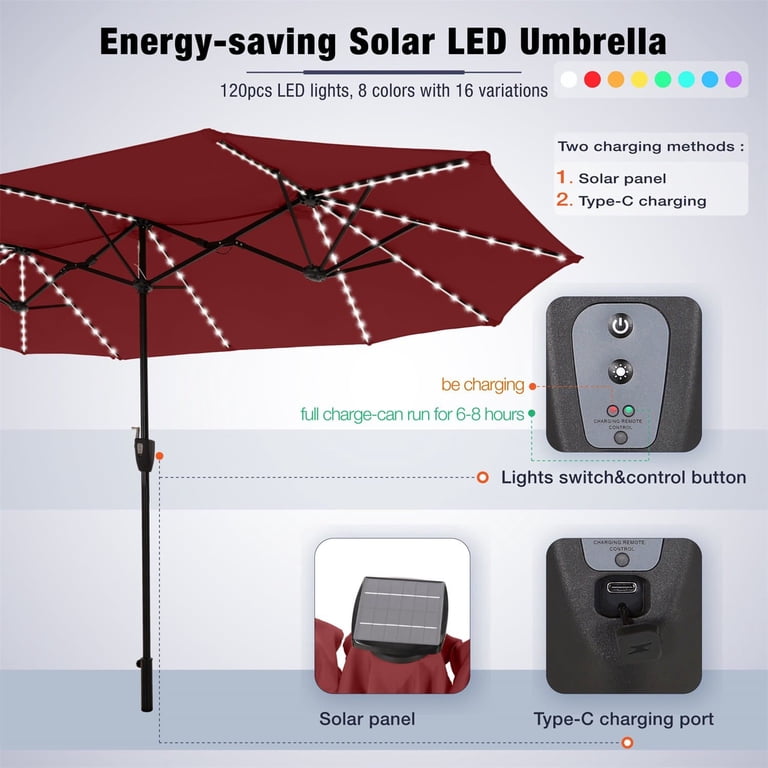 giant smart living burgundy patio umbrella AECOJOY 15ft Double-Sided with Solar Lights, Outdoor Rectangle Market Large Patio Umbrella with Base Include, Crank Handle, 156 PCS LED Lights for Garden Deck Pool in Red (1.9" This 15 Amazon.com : 13FT Double-Sided Patio