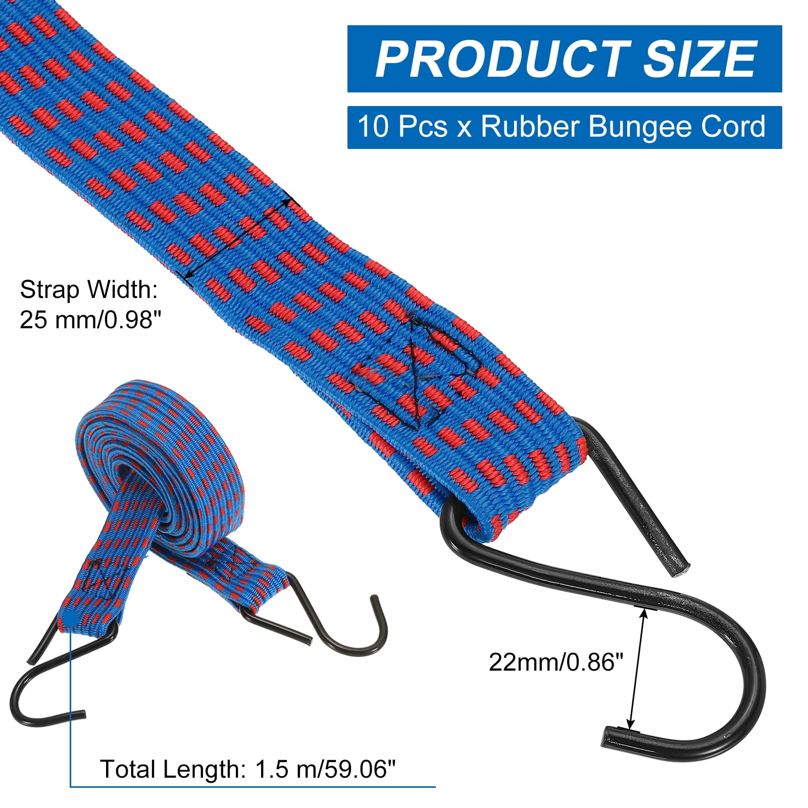 10Pack Bungee Cords, 59.06" Length Bungee Cords with Hooks 0.98" Width Adjustable Flat Elastic Rubber Bungee Straps for Luggage, Roof Racks, Tarpaulin, Moving Cargo, Camps, Tarps