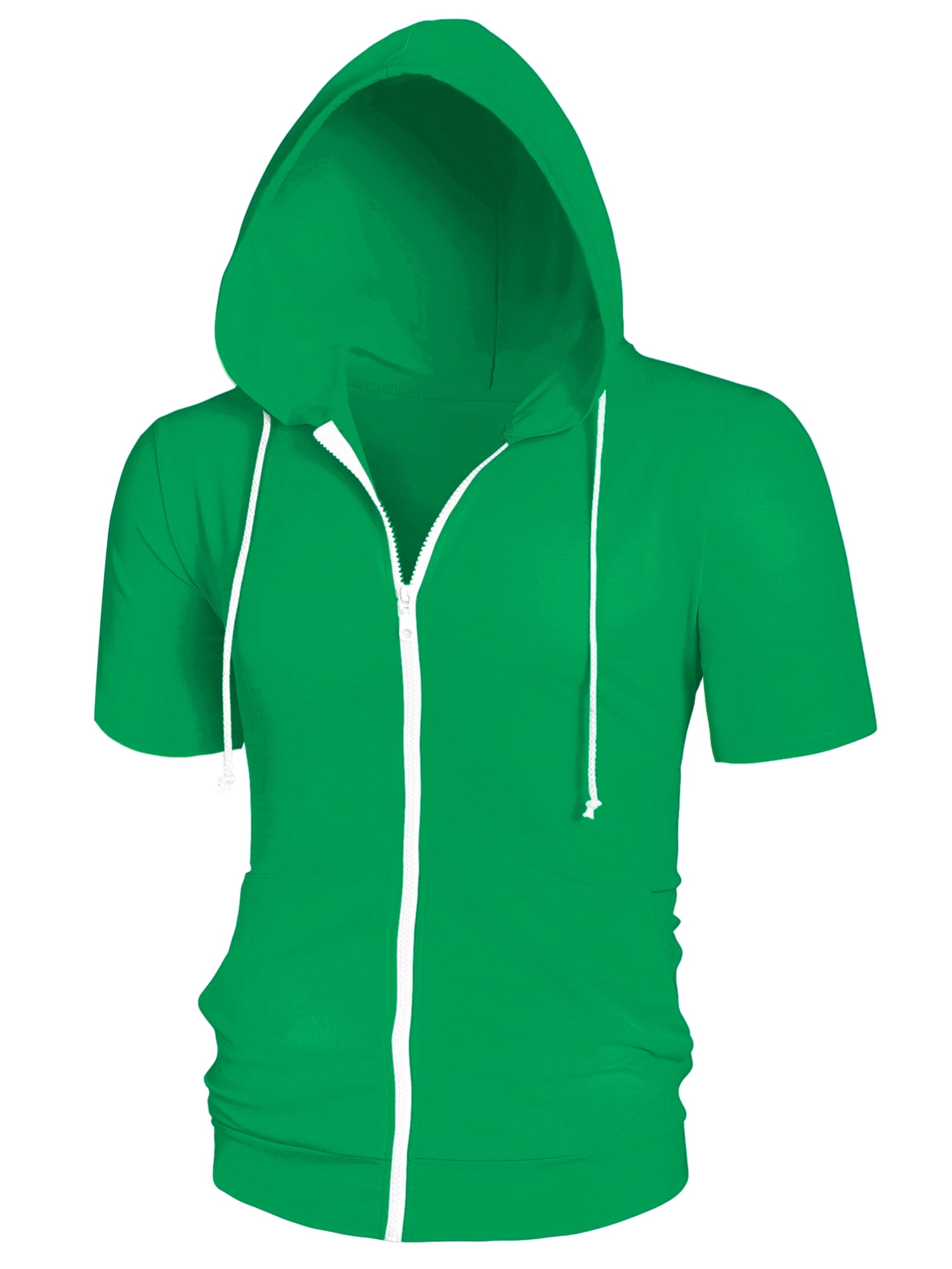 Unique Bargains Men's Short Sleeve Solid Color Zip Up Sport Hoodies M Bright Green