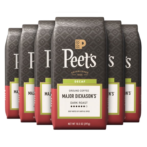 (6 pack) Peet's Coffee Decaf Major Dickason's Blend Premium Dark Roast Ground Coffee, Arabica, 10.5 oz