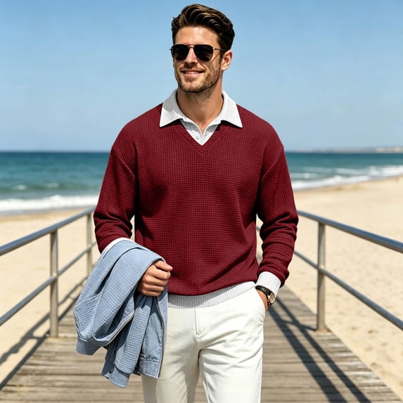 Fabrcox Long Sleeve Polo Shirts for Men Fake 2 Piece Waffle Collared Men's Golf Shirts Classic Fit Plain Casual Outdoor Athletic Business Work Shirt Men L