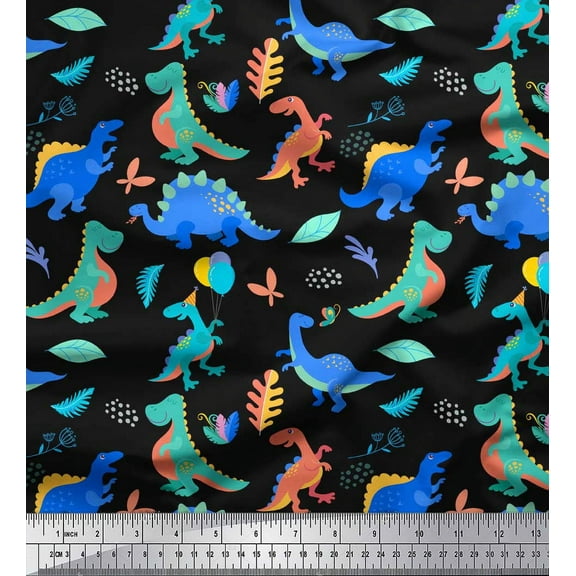 Soimoi Black Cotton Duck Fabric Balloon & Dinosaur Kids Print Sewing Fabric Yard 42 Inch Wide