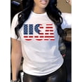 thumbnail image 1 of Women's Patriotic USA Flag T-Shirt - Bold Red White Blue Lettering, Minimalist Casual Round Neck Tee, Machine Washable Spring Summer Fall Casual Attire, American Flag Shirts, Simple Style Shirt, 1 of 5