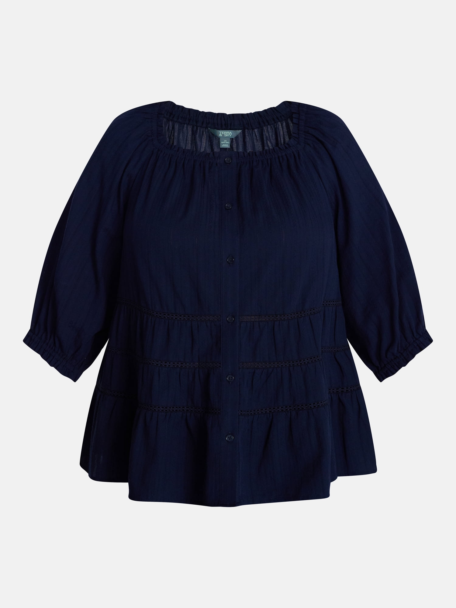 Terra & Sky Women's Plus Button Front Swing Top with Elbow Length Sleeves, Sizes 0X-5X