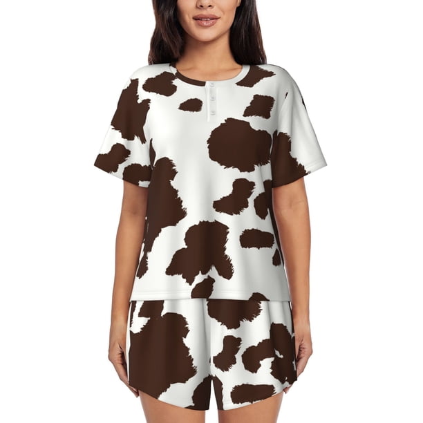 Balery Brown Cow Conjunto de Pijama para Mujer con Estampado, Dos Piezas de Manga Corta y Shorts, Ropa de Dormir Suave con Cuello Redondo y Bolsillos-Small