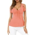 thumbnail image 2 of Wycnly Womens Tops Solid Short Sleeve V-Neck Tee Shirts Summer Tie Front Sexy Slim Fit Strappy Cold Shoulder Tunic Blouse Pink XXL Clearance Clothes, 2 of 5