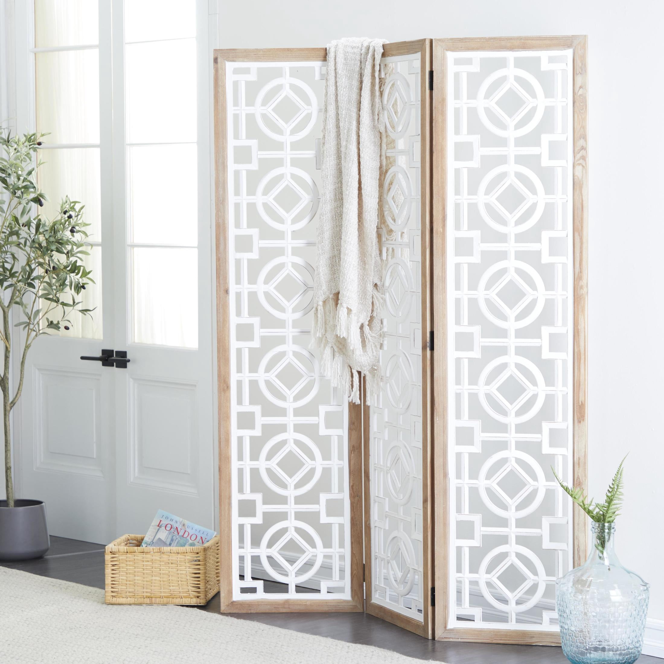 DecMode White/Pastel Brown Farmhouse Wood Room Divider Screen with Geometric Carvings, 54"W x 72"H