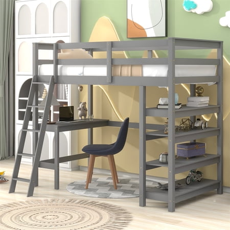 Loft Bed with Desk and Storage Shelves  Solid Wood Twin Size Loft Bed Frame with Full-Length Guardrails & Ladder  Multifunctional Loft Bed with 14 Wood Slats for Boys Girls  No Spring Box Needed  Gray