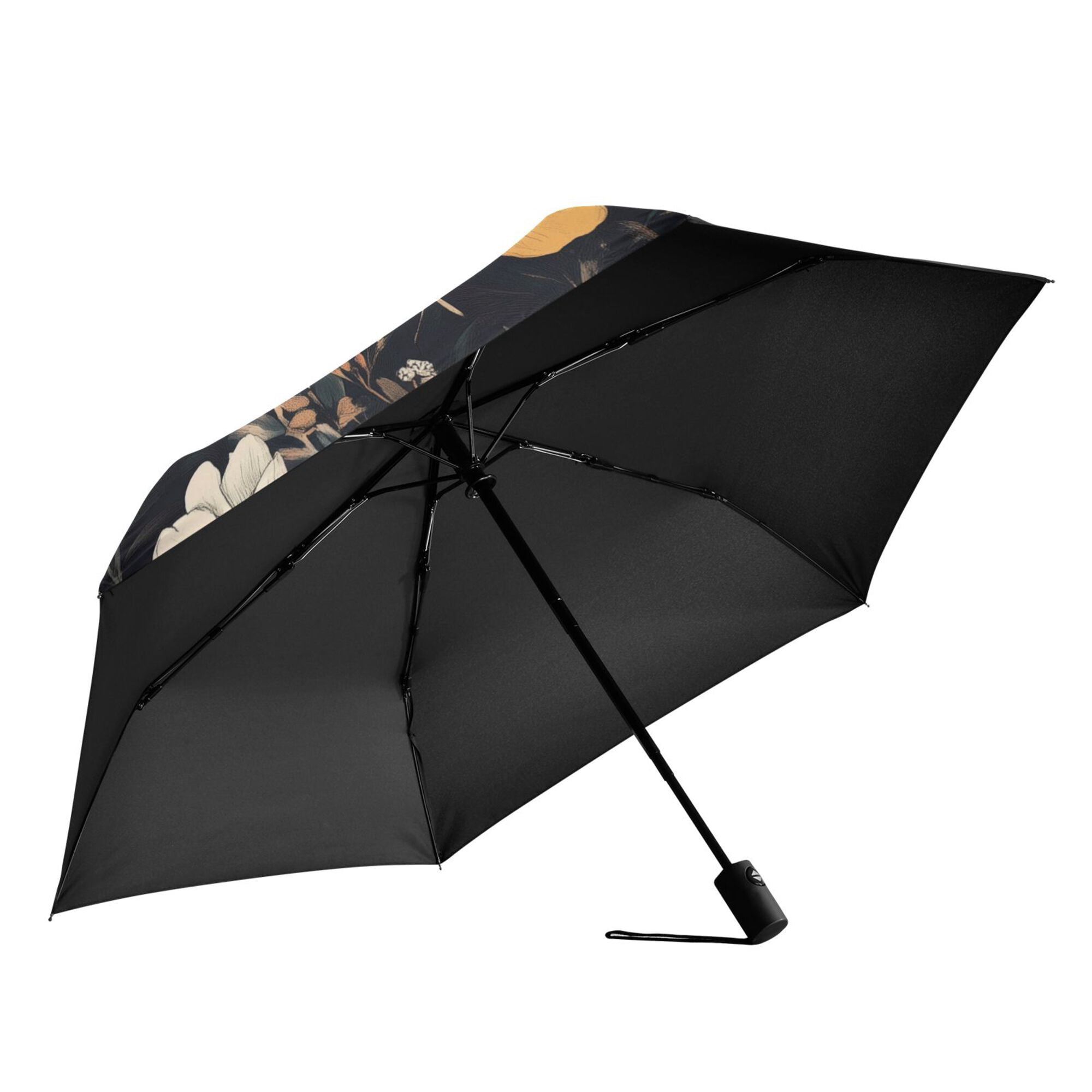 FORMRS Travel Umbrella Folding Auto Open Close Windproof Rain UV Protection, Black Floral Pattern