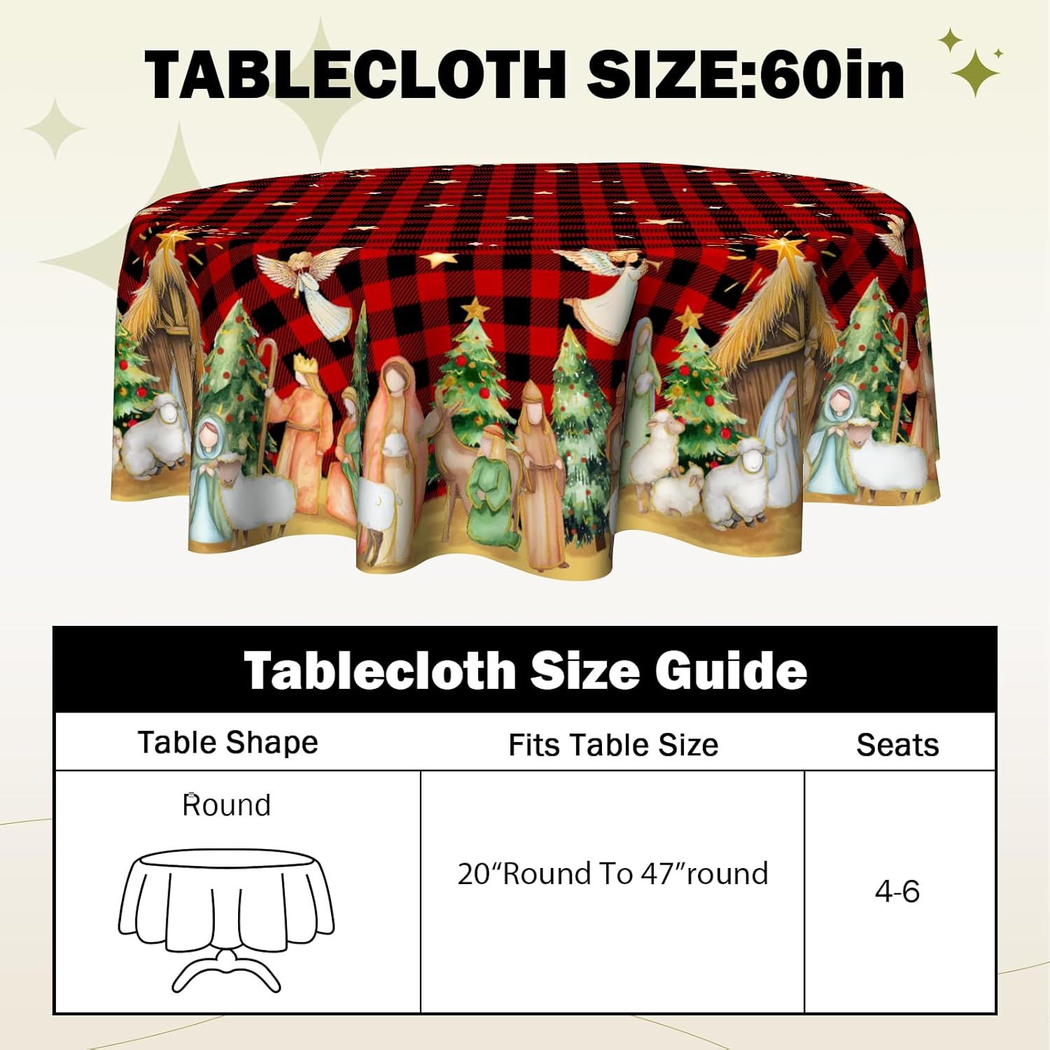 Christmas Round Tablecloth 60 inch Christmas Nativity Table Cloth Xmas Tree Table Cloths Decorations for Home Kitchen Dining Red Buffalo Plaid