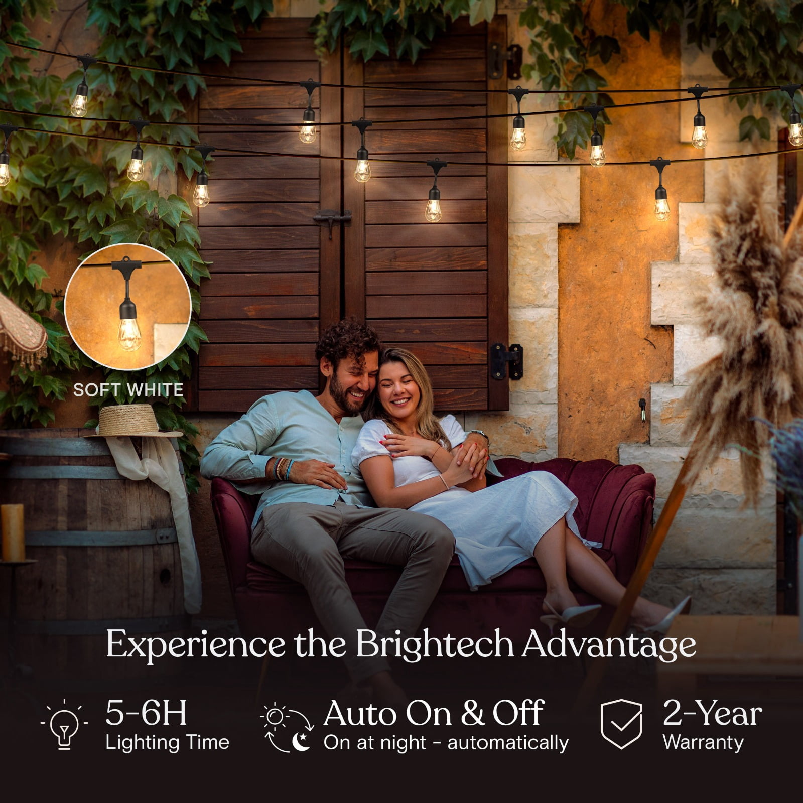 Brightech Ambience Pro Solar Black 27 ft Hanging LED Outdoor String Lights, 2 Watt, S14 Light Bulbs, 3000K