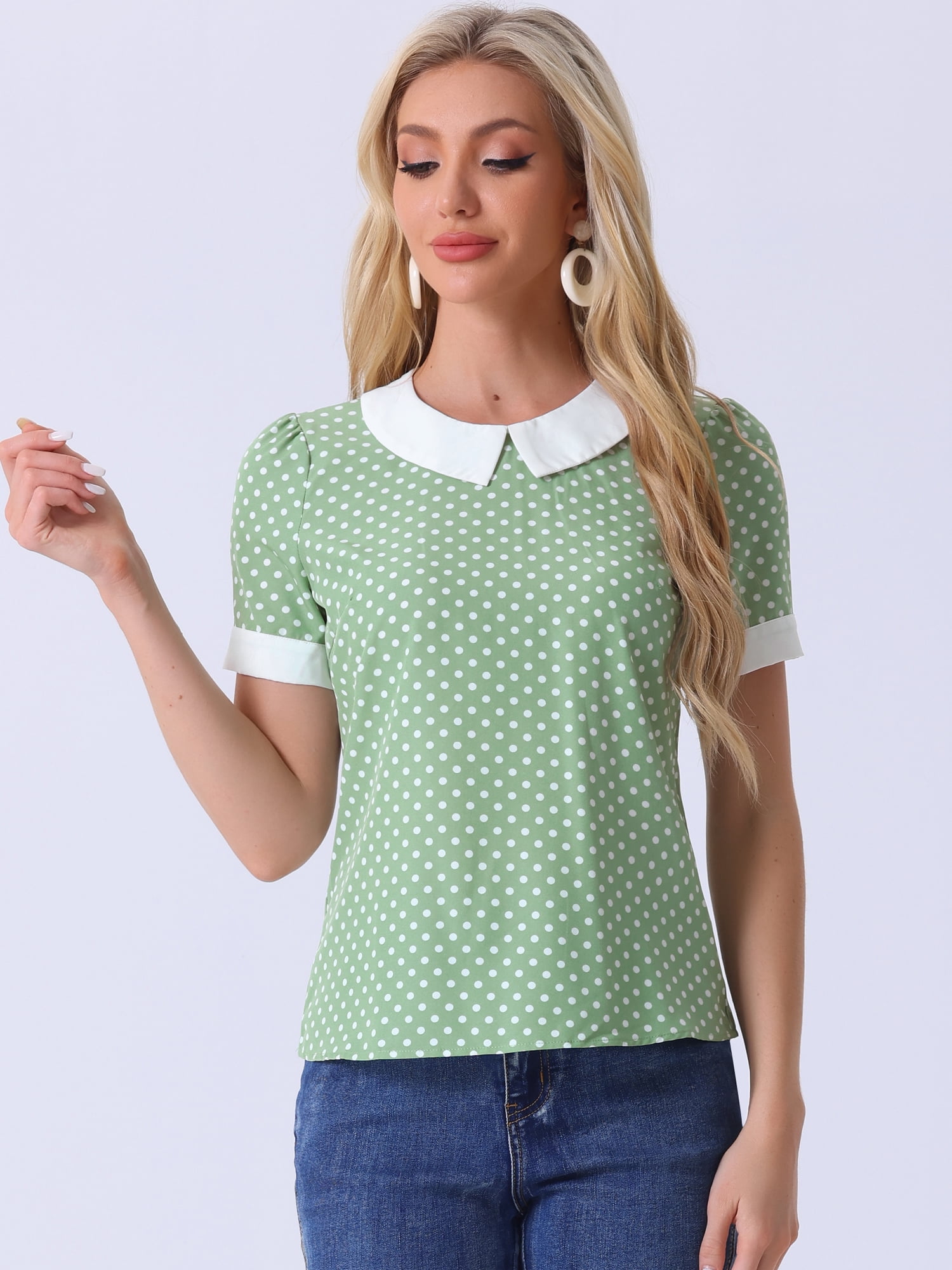 DARING DIVA Women's Peter Pan Collar Polka Dots Short Sleeve Tops XS Dusty Green