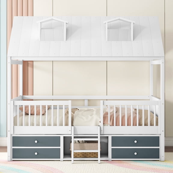 Harper & Bright Designs Full Size Wood House Bed Frame with Fence and 4 Storage Drawers, Playhouse Tent Bed with Roof and 2-step Ladder for Boys Girls Bedroom, White