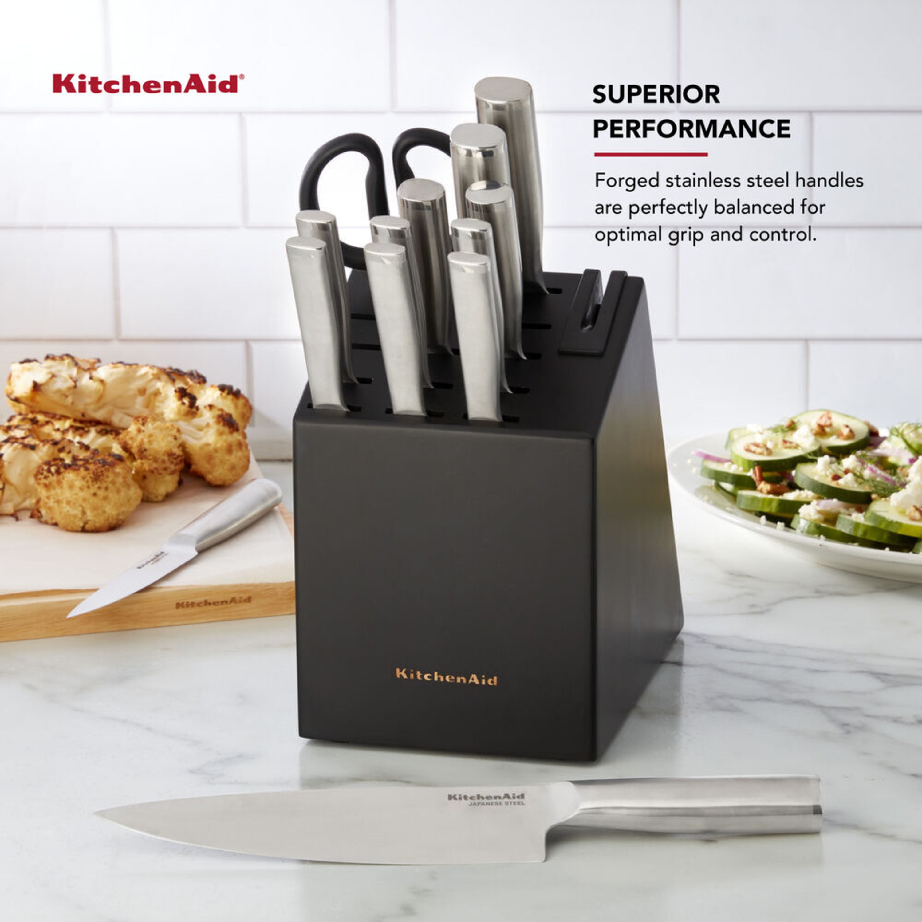 KitchenAid Gourmet 14-piece Forged Stainless Steel Block Set with Built-in  Knife Sharpener, Natural