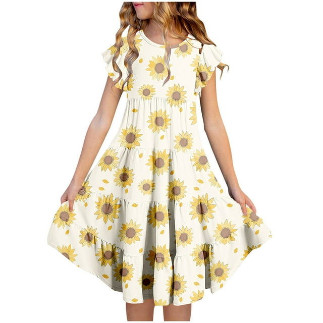 RXIRUCGD 2025 Vêtements d'Été pour Enfants Filles Robe Imprimée à Fleurs Manches Courtes Poches à Volants Col Rond pour Enfants