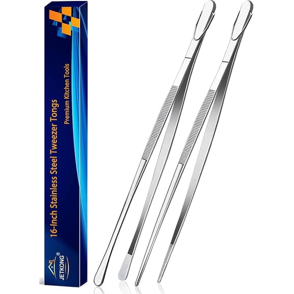 JETKONG 2 Pcs 16-Inch Kitchen Tweezers Extra Long Tweezer Tongs, Heavy Duty Stainless Steel Cooking Tweezers (Silver)