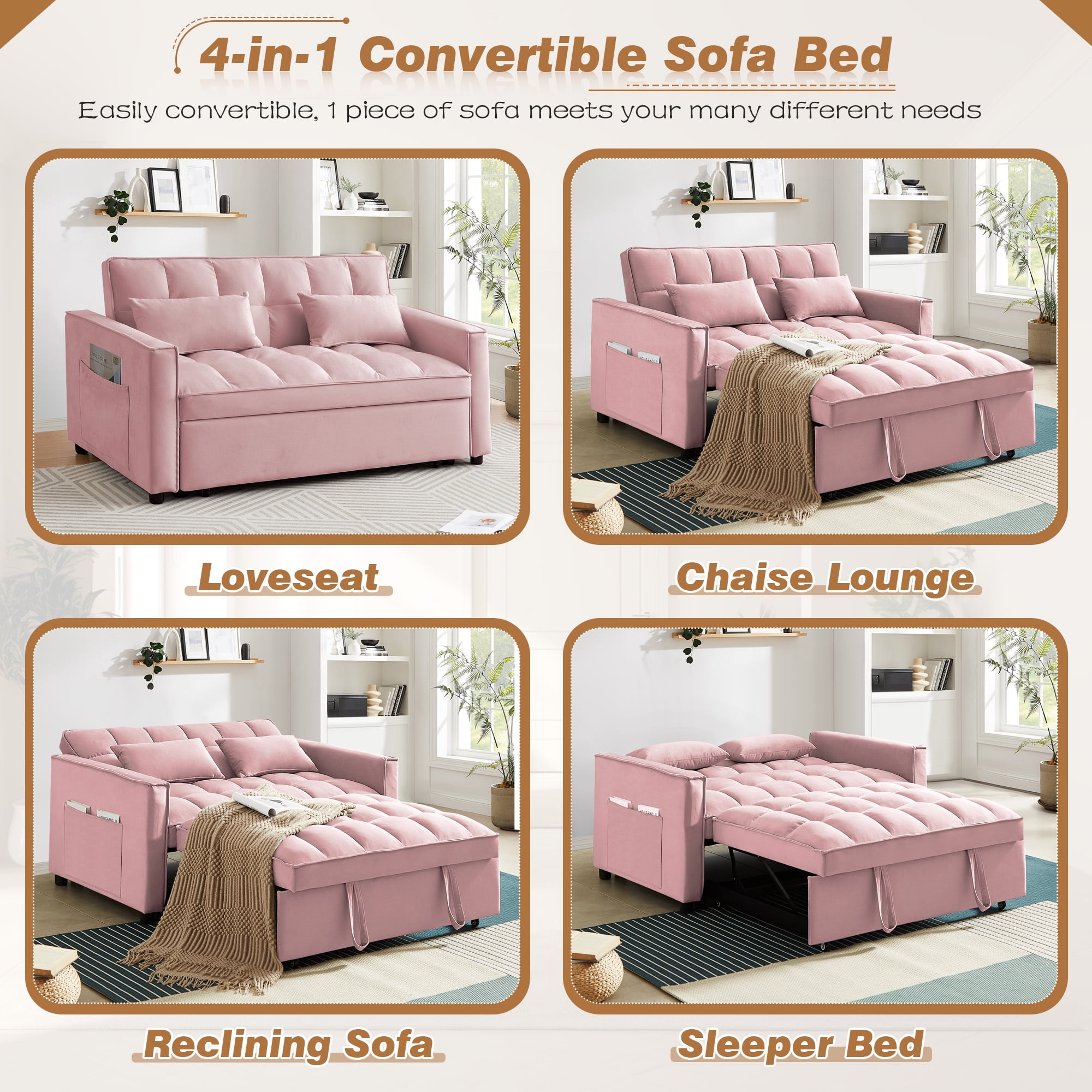 Lunale 4-in-1 Convertible Futon Sofa Bed, Pull Out Couch Beds Loveseat Sleeper, Pink Velvet