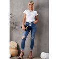 thumbnail image 4 of ABPHQTO Jeans de mujer azul oscuro con cintura elástica, pierna recta, dobladillo sin rematar roto, 4 of 5