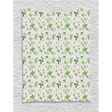 Green Tea Room Jasmine Tapestry, Exotic Herbal Tea Concept Green Tea and Jasmine Leaves, Wall Hanging for Bedroom Living Room Dorm Decor, 40W X 60L Inches, Eggshell Pale Green and Dark Green, by Ambesonne ()