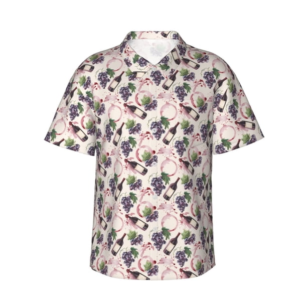 Fotbe Watercolor Wine Bottle Camisa Hawaiana para Hombre Unisex – Camisa Casual de Verano con Botones de Manga Corta de Algodón y Lino,Medium