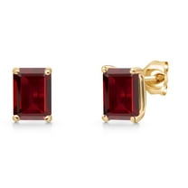 Gem Stone King 14K Yellow Gold Red Garnet Double Notch Stud Earrings for Women Men | 3.60 Cttw | Gemstone January Birthstone | Emerald Cut 7X5MM | Basket Setting | Gold Earrings for Women Men